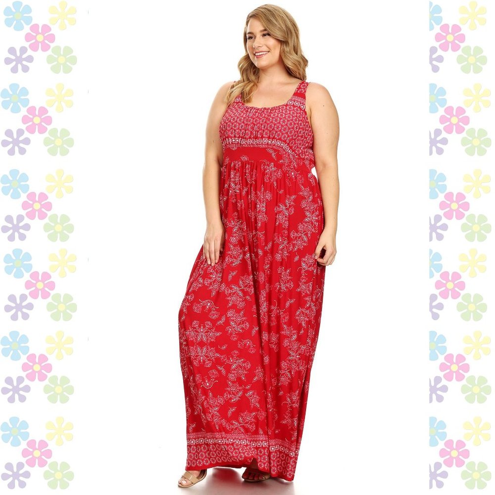 PLUS Red Boho Chic Empire Waste Maxi Dress Floral - Picture 2 of 5
